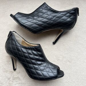 Neiman Marcus Quilted Black Leather High Heel Bootie Women 6 M Peep Toe Back Zip